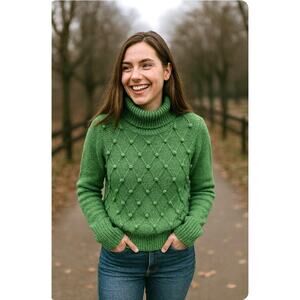 Evan Picone Kelly Green Popcorn Knit Turtleneck Sweater S Classic Preppy Chic